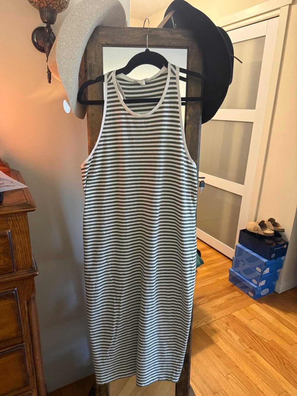 LOFT gray/green striped maxi dress